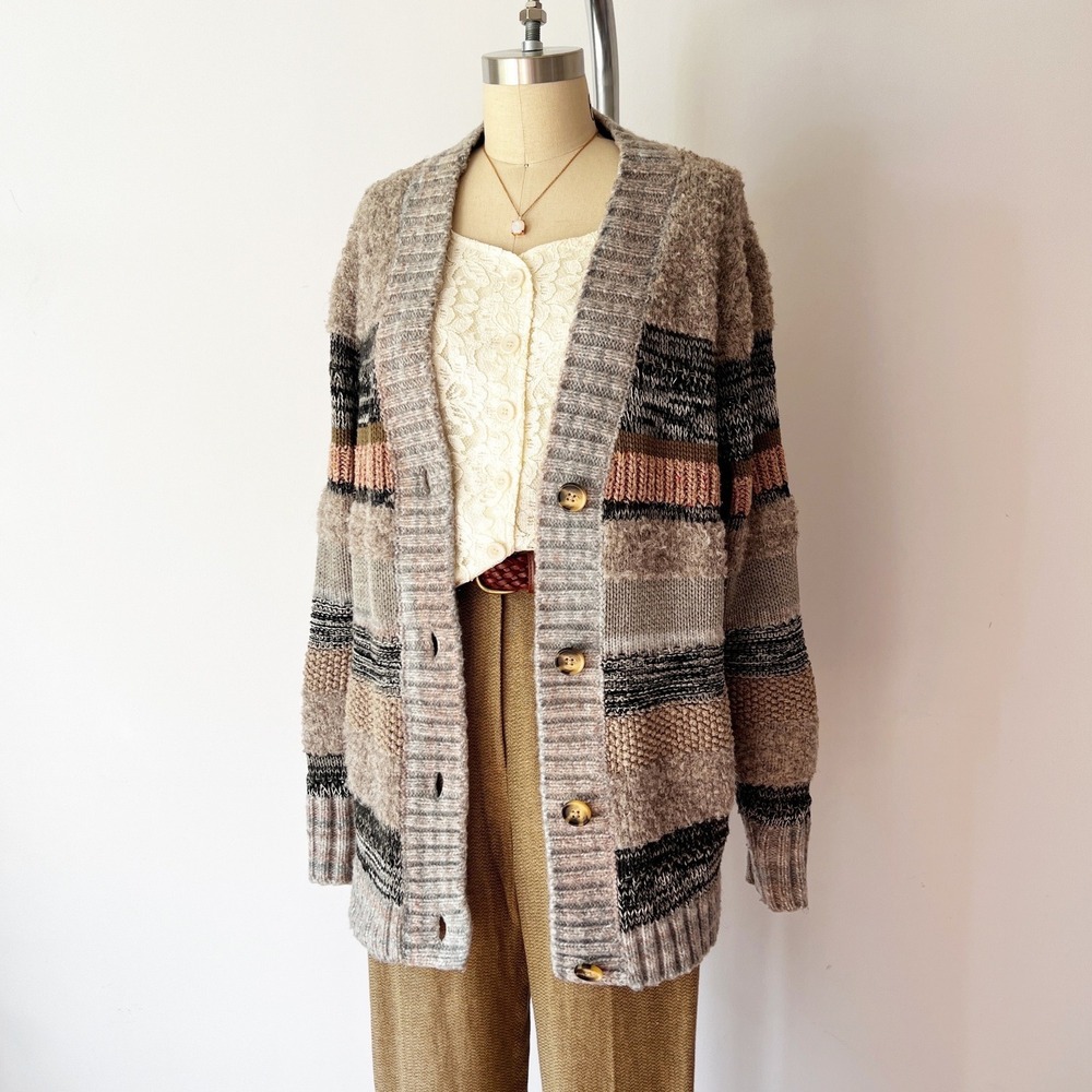 Cabi Boyfriend Cardigan Multi Color Striped Textured Knit Button Front 4471 M